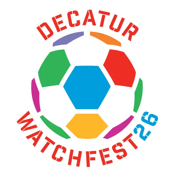 A colorful soccer ball with text around it saying "Decatur WatchFest '26"